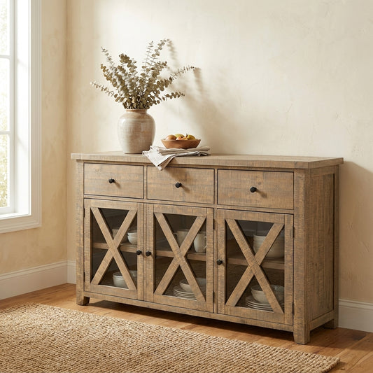 Rustic wooden sideboard with three drawers and cross-patterned cabinet doors.