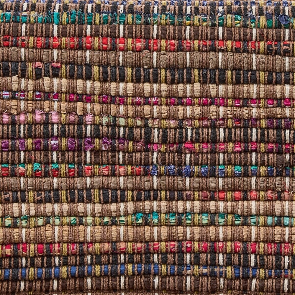 Close-up of a woven textile with colorful horizontal stripes.