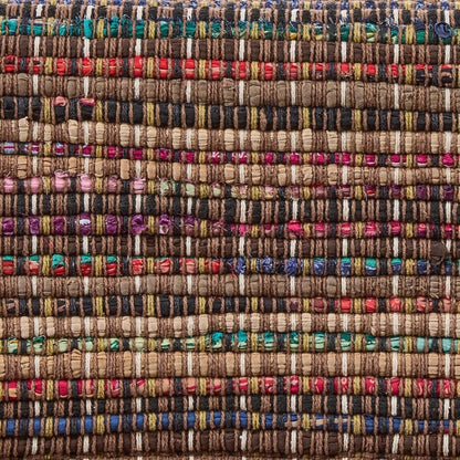 Close-up of a woven textile with colorful horizontal stripes.