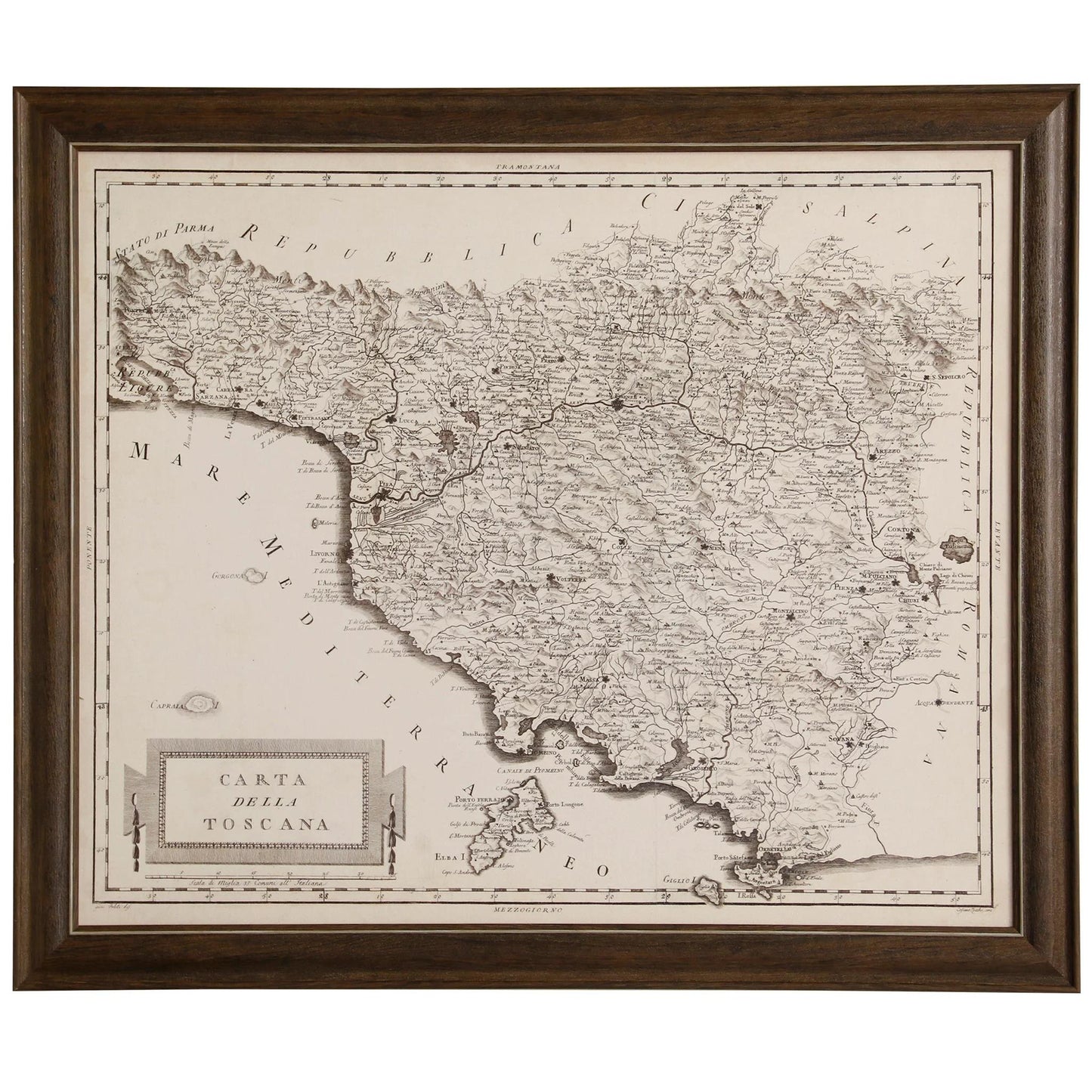 Framed vintage map of Tuscany, labeled "CARTA DELLA TOSCANA".