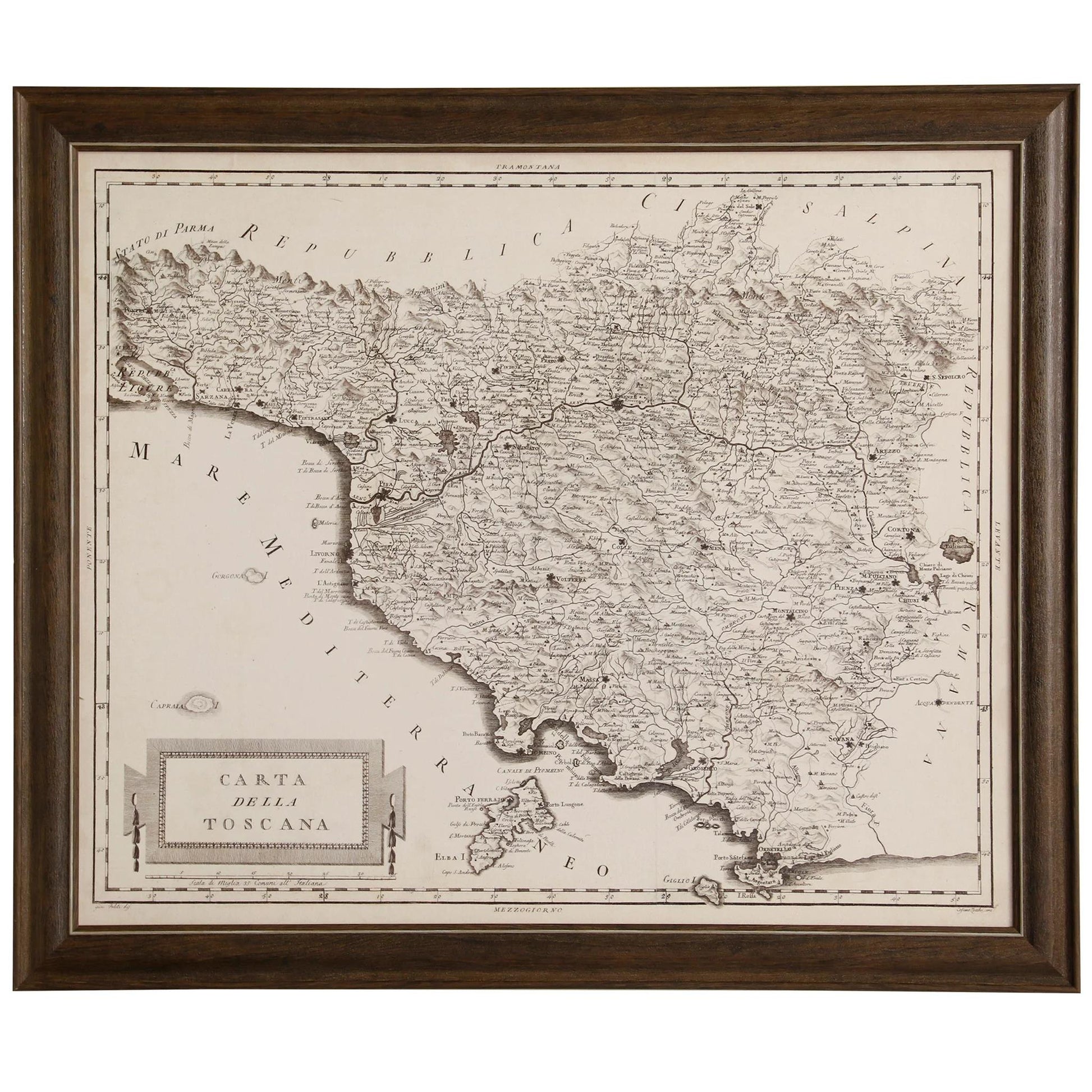 Framed vintage map of Tuscany, labeled "CARTA DELLA TOSCANA".