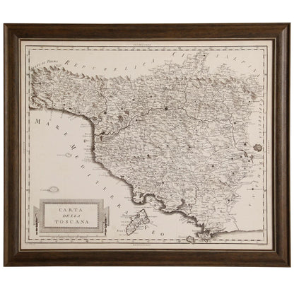 Framed vintage map of Tuscany, labeled "CARTA DELLA TOSCANA".