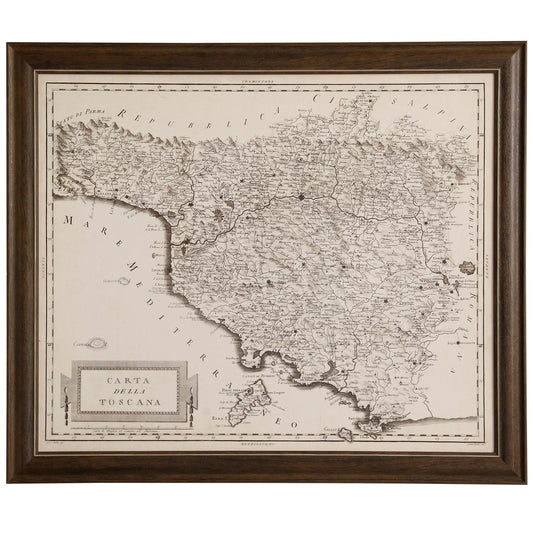 Framed vintage map of Tuscany, labeled "CARTA DELLA TOSCANA".