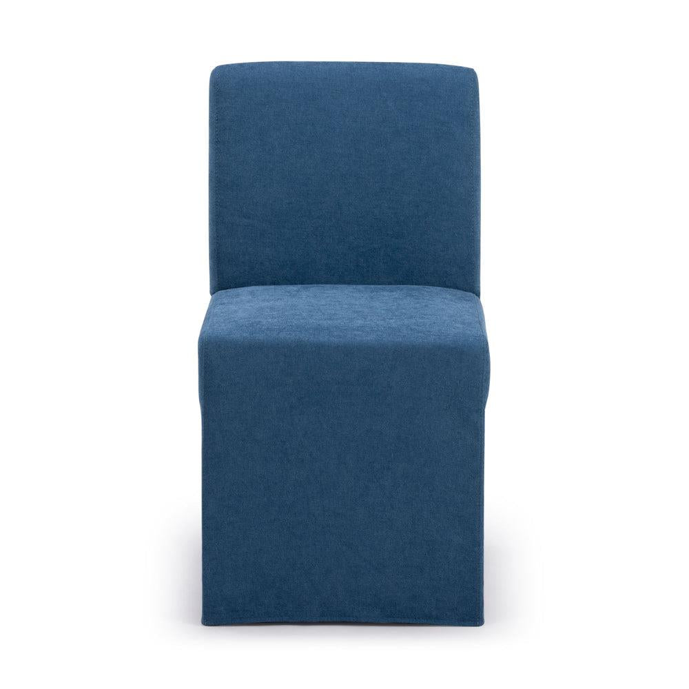 A blue upholstered chair with a simple, modern design.