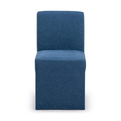 A blue upholstered chair with a simple, modern design.