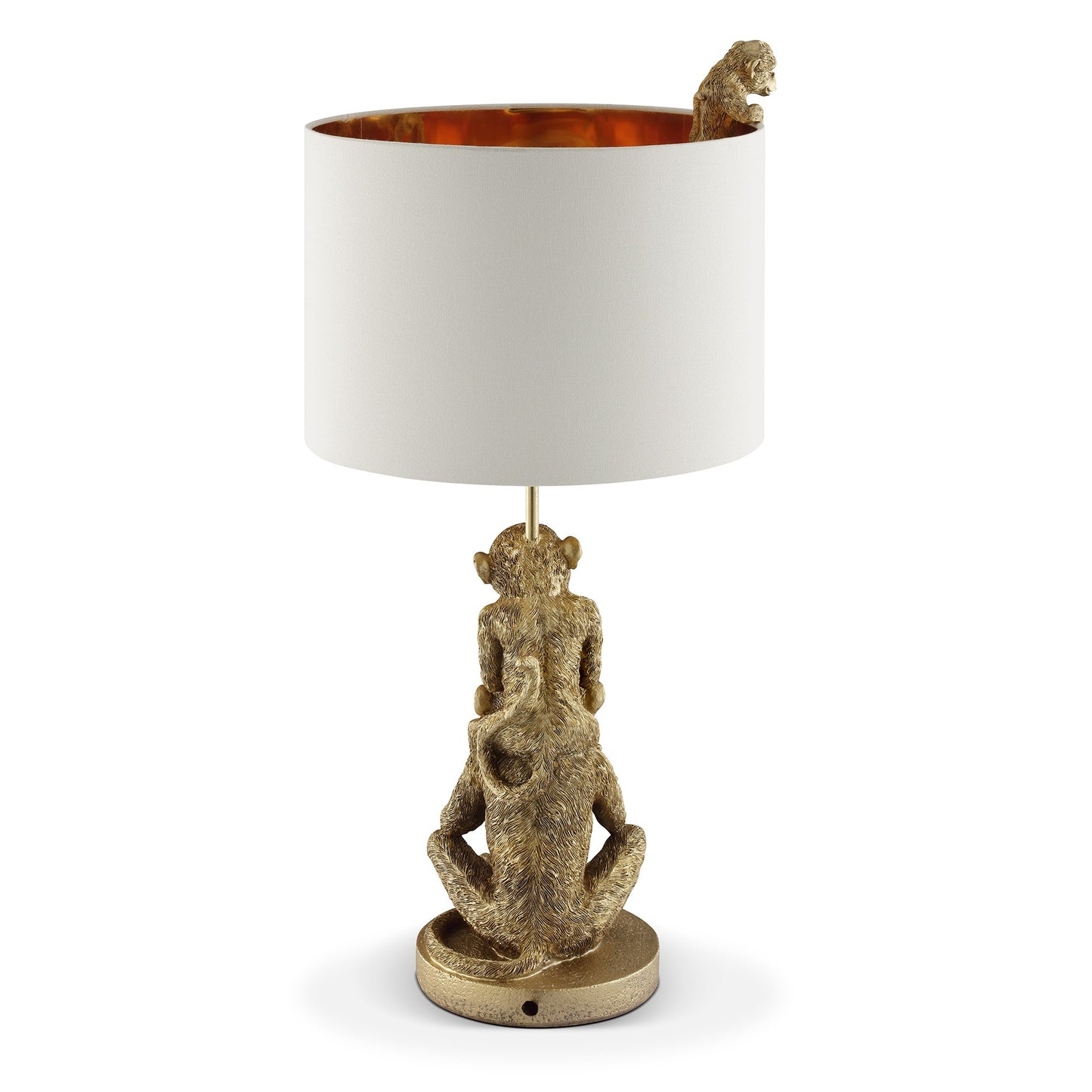Golden monkey lamp with white shade, one monkey peeking inside.