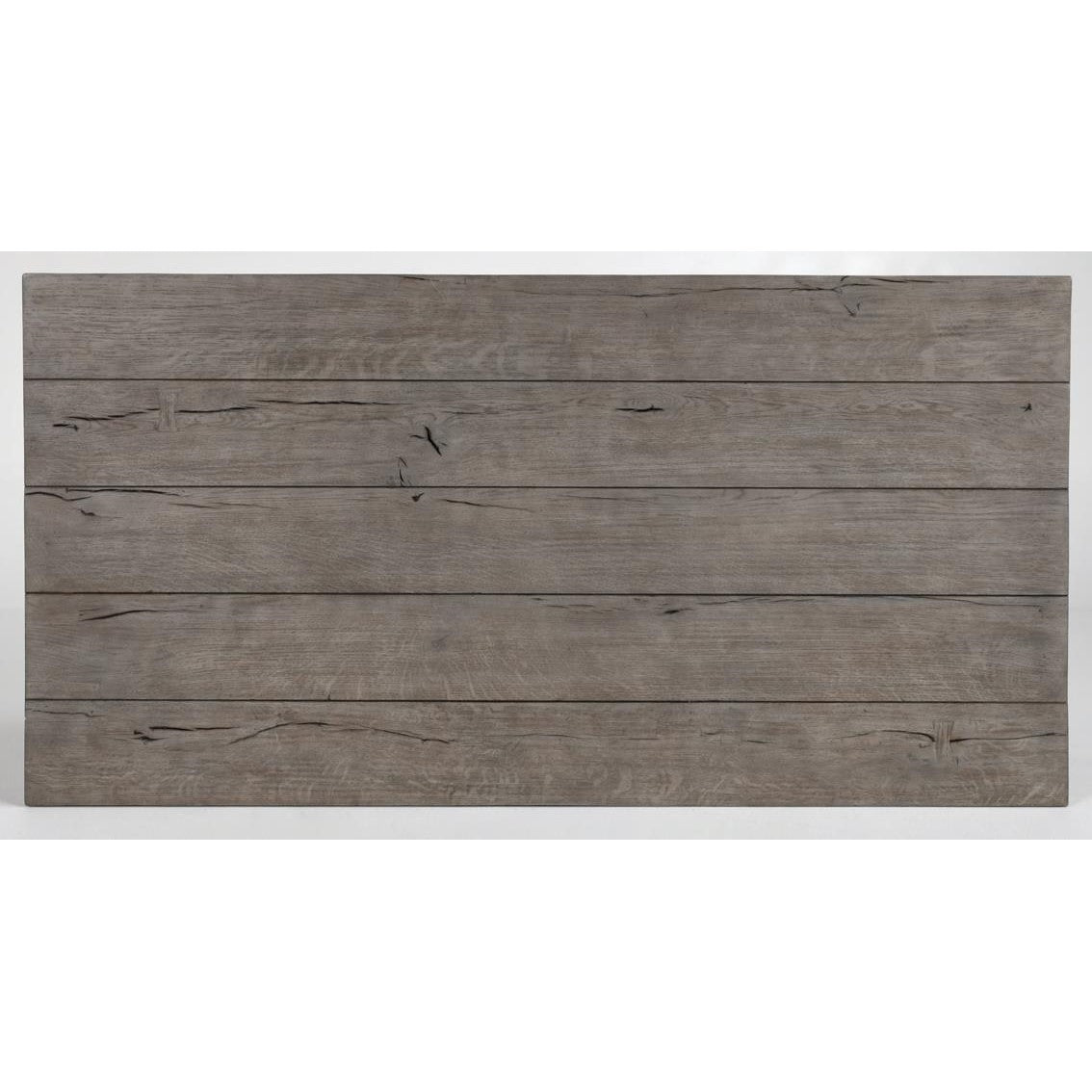 Wooden plank table with a rustic gray finish.