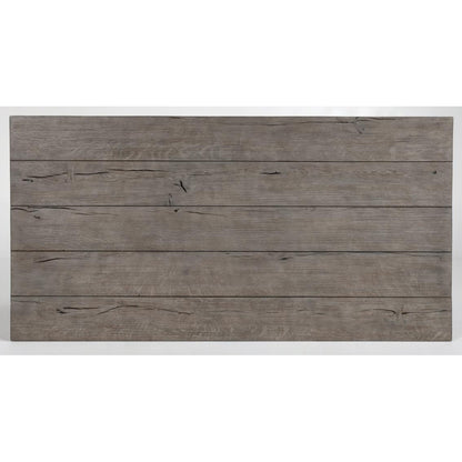 Wooden plank table with a rustic gray finish.
