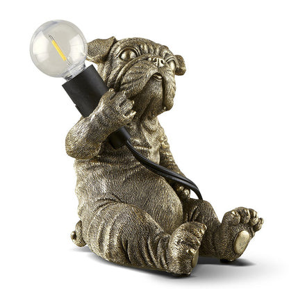 Pug-shaped lamp holding a lightbulb.