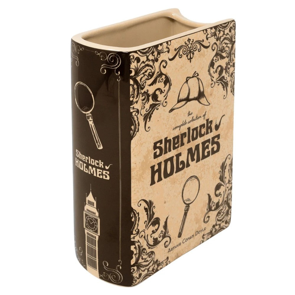 Sherlock Holmes book-shaped vase with vintage design.