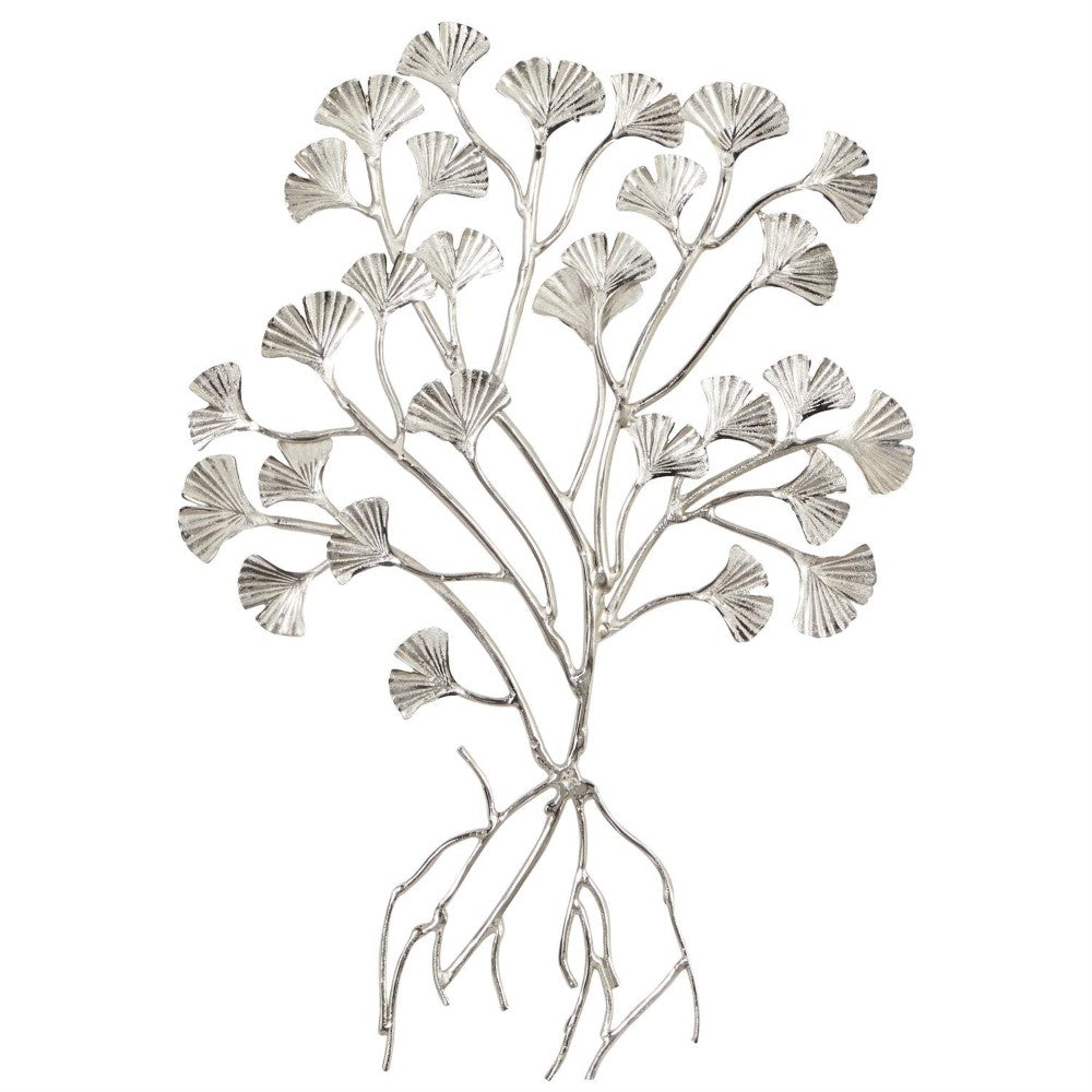 Silver metal tree sculpture with fan-shaped leaves.