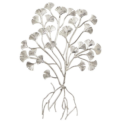 Silver metal tree sculpture with fan-shaped leaves.