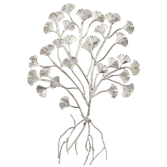 Silver metal tree sculpture with fan-shaped leaves.