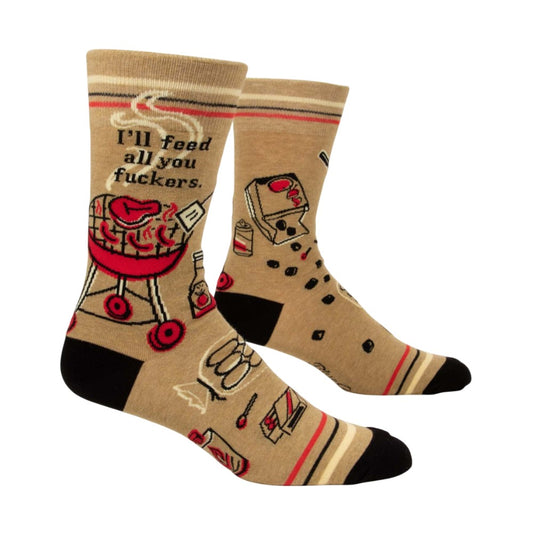 Brown BBQ-themed socks with cheeky text design.