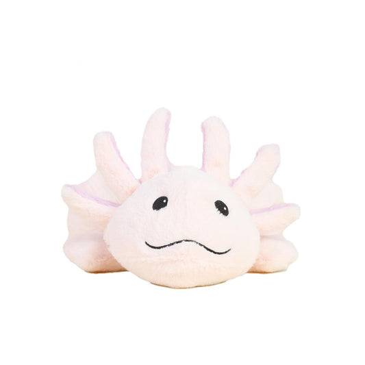 Cute pink axolotl plush toy with a smiling face.