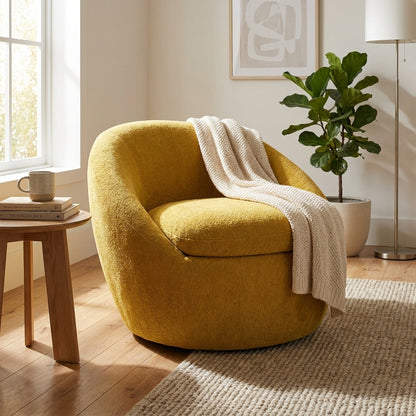 Yellow, round, modern armchair with a soft texture.