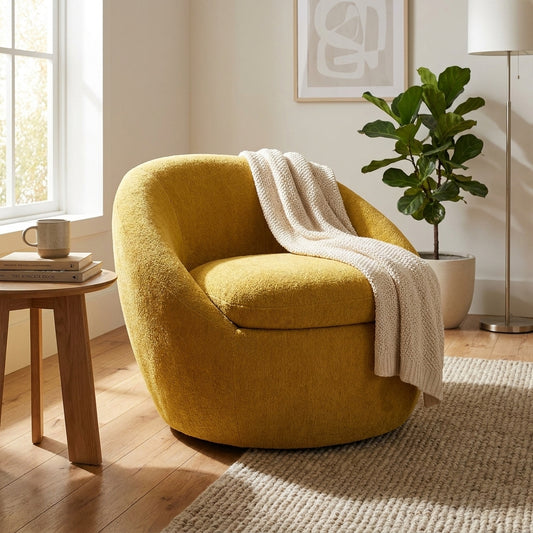 Yellow, round, modern armchair with a soft texture.