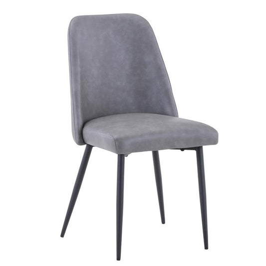 Gray upholstered chair with sleek black legs.