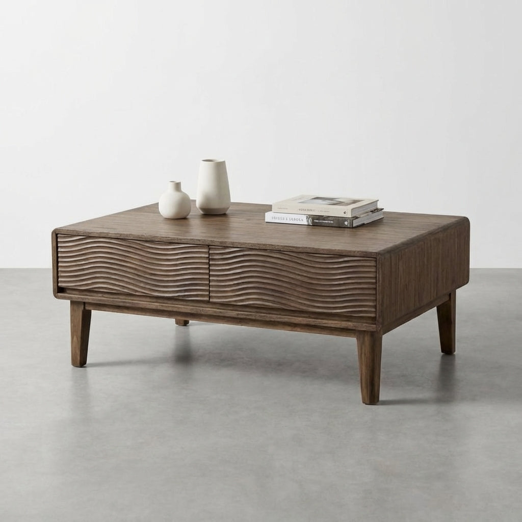Wooden coffee table with wave-patterned front design.