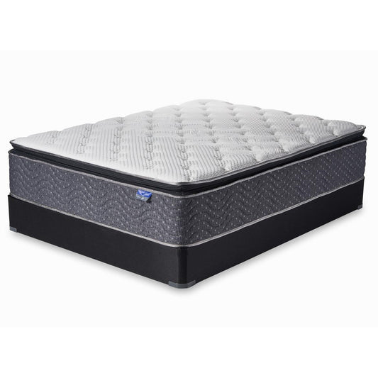 Gray quilted mattress on a black base.