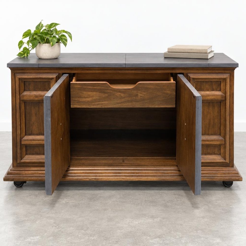 Wooden cabinet with open doors, a potted plant, and books on top.