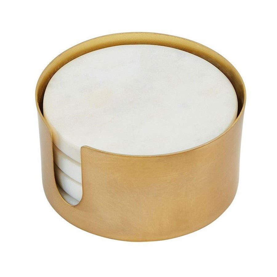Rounded coasters in a brass holder.