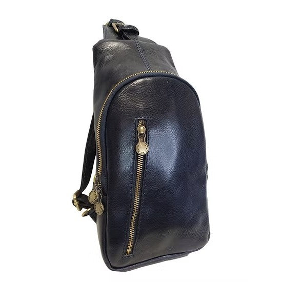 Black leather backpack with gold zippers and accents.