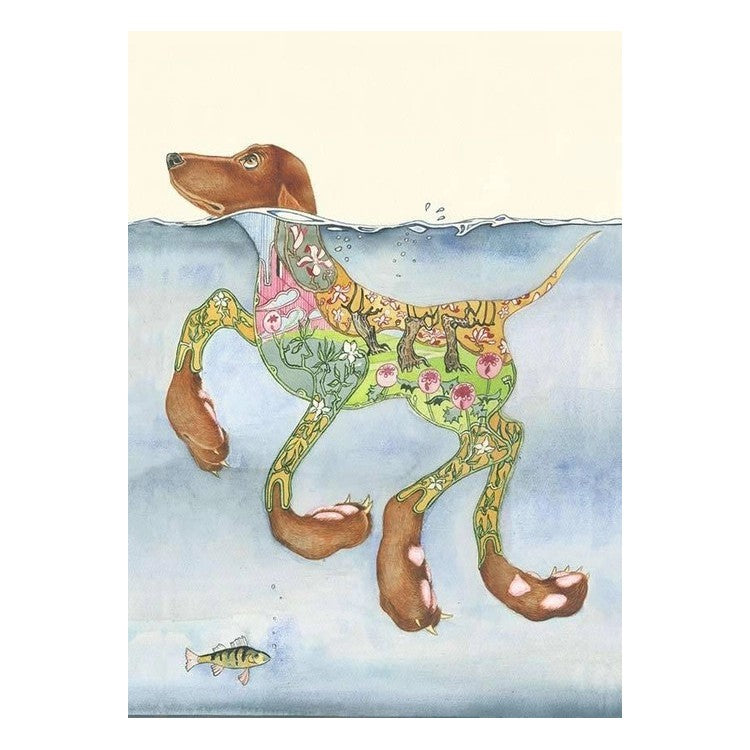 Artistic dog swimming, patterned with flowers, fish below.