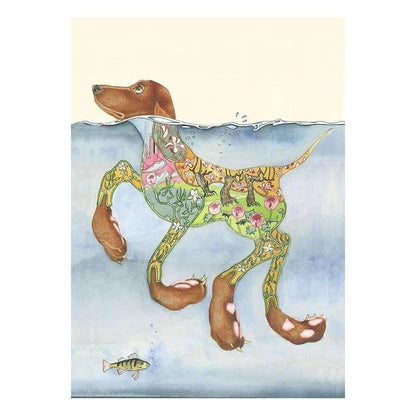 Artistic dog swimming, patterned with flowers, fish below.