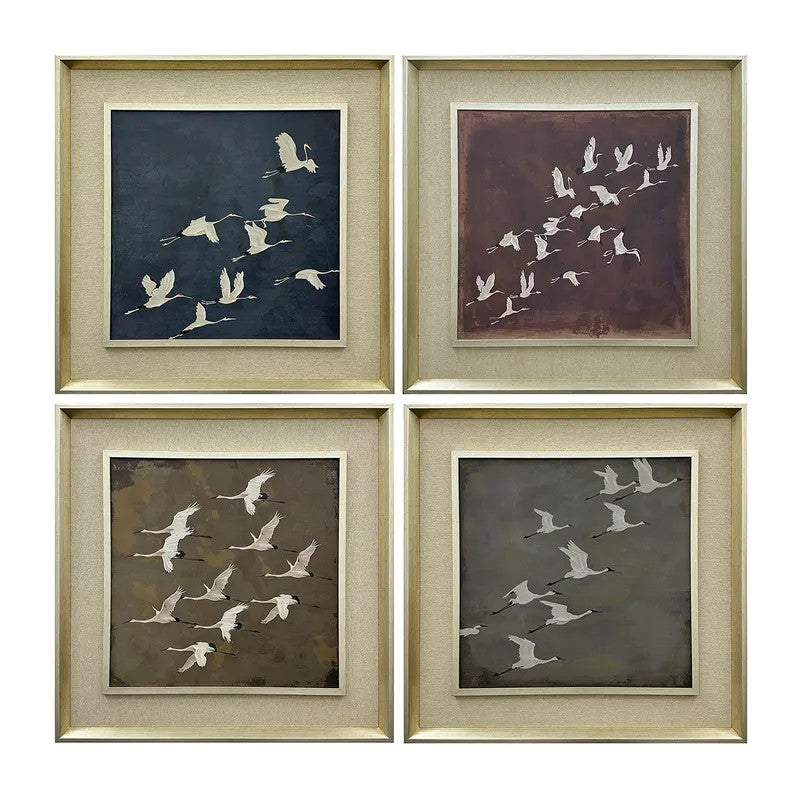 Four framed bird art pieces in different color schemes.