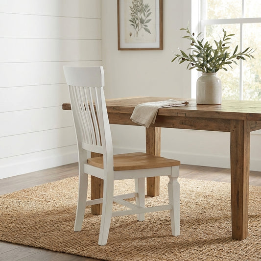 White wooden chair with slatted back and brown seat.