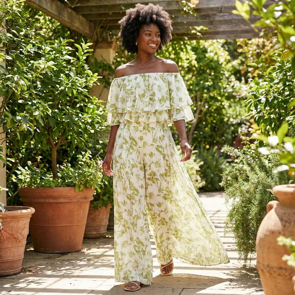 Woman smiling in floral dress, walking in a lush garden.