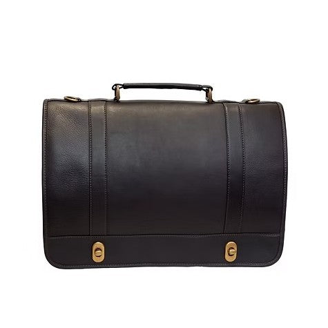 Black leather briefcase with gold clasps and a top handle.