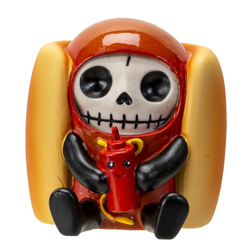 Cute skeleton in a hot dog suit holding a ketchup bottle.