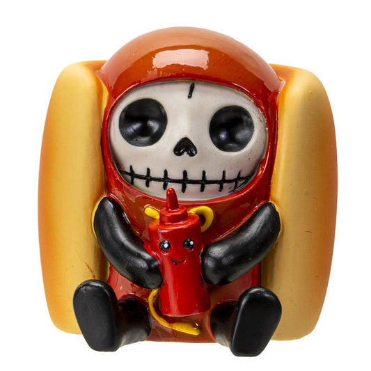 Cute skeleton in a hot dog suit holding a ketchup bottle.
