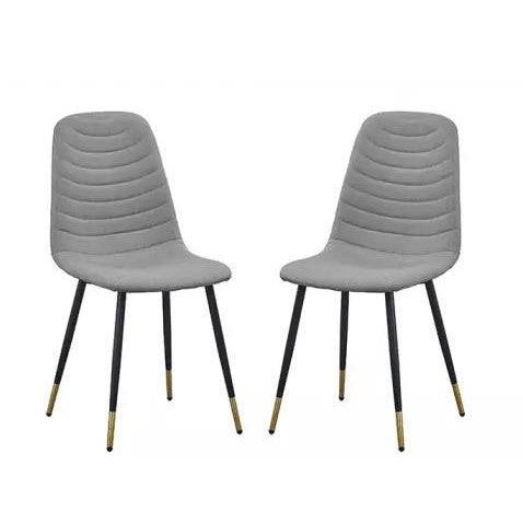 Two modern gray chairs with black legs and gold tips.