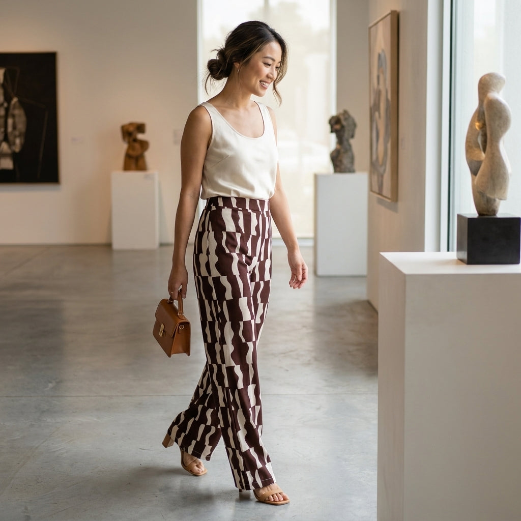 Woman in art gallery, holding a bag, wearing patterned pants.