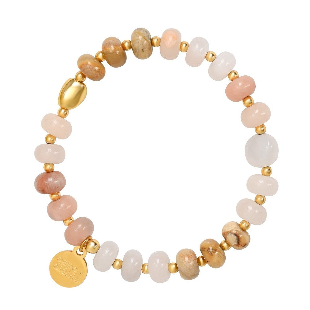 Beaded bracelet with earthy tones and a gold charm.