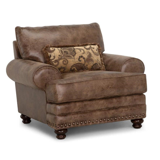 Brown leather armchair with a patterned cushion.