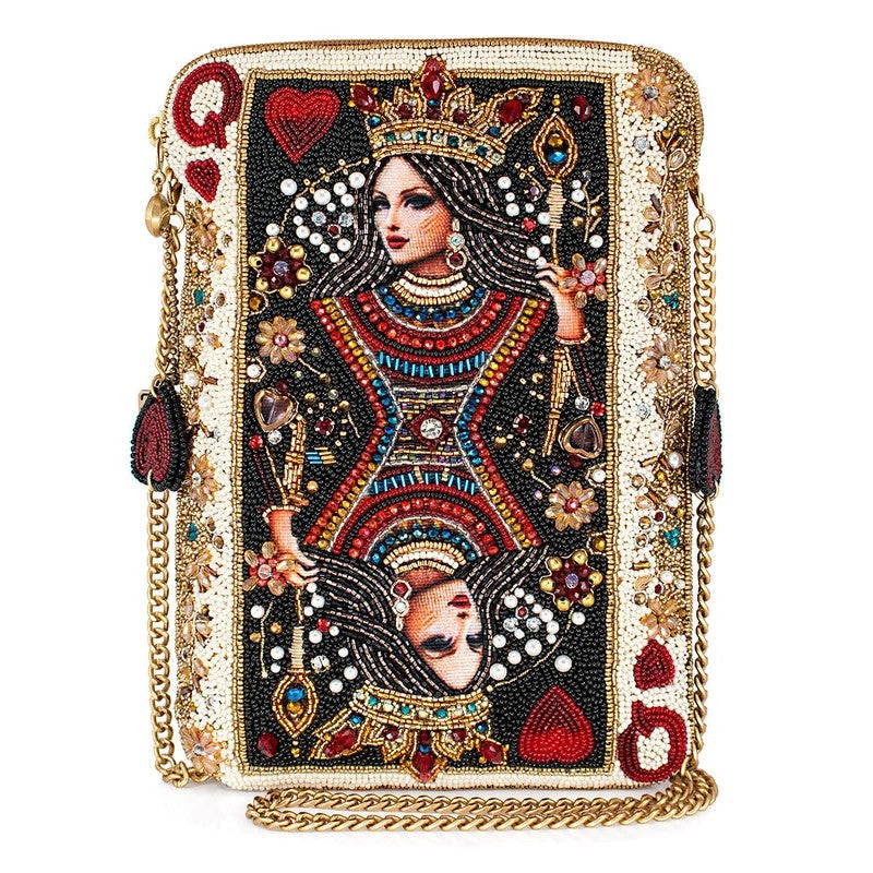Colorful, beaded clutch featuring a Queen of Hearts design with gold chain.