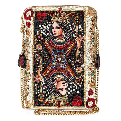 Colorful, beaded clutch featuring a Queen of Hearts design with gold chain.