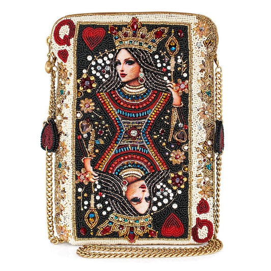 Colorful, beaded clutch featuring a Queen of Hearts design with gold chain.