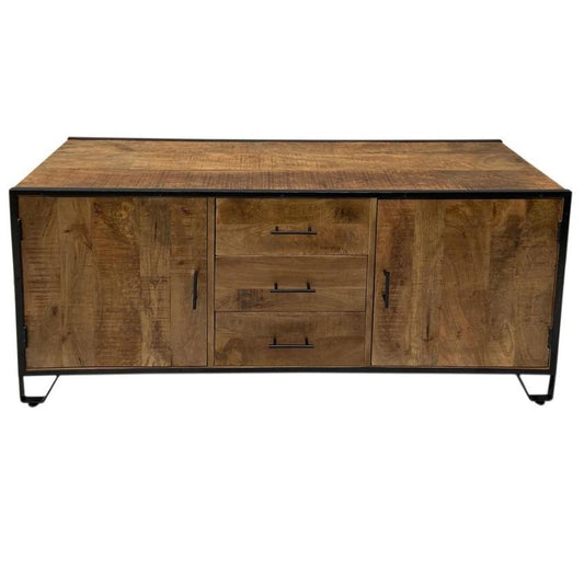 Wooden sideboard with black metal handles and legs.