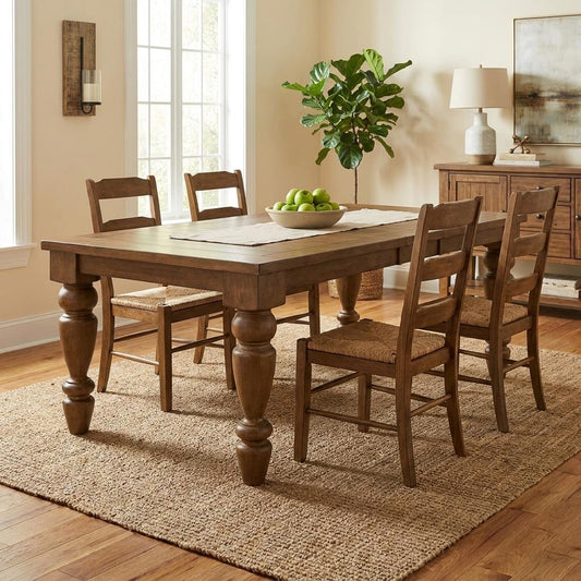 Wooden dining table set, bowl of apples, plant, lamp.
