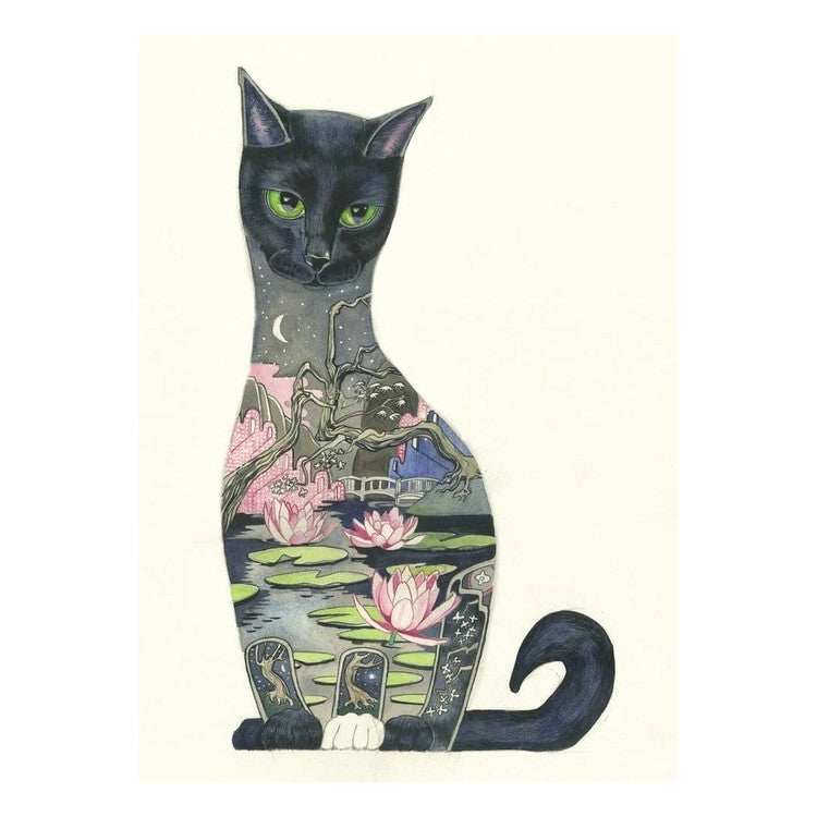 Artistic cat with nature scene on its body, featuring lotus flowers and a night sky.