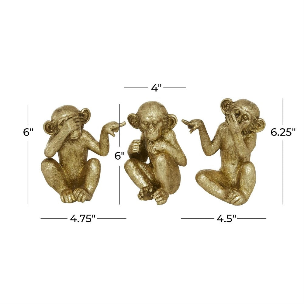 Three golden monkey figurines with dimensions, "See No Evil" theme.