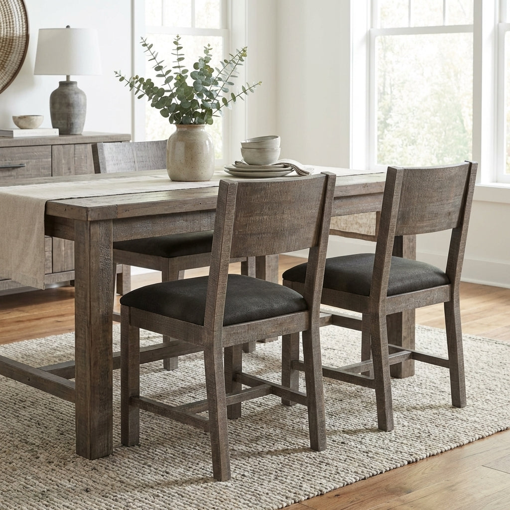 Rustic dining set with vase, plates, and natural light.