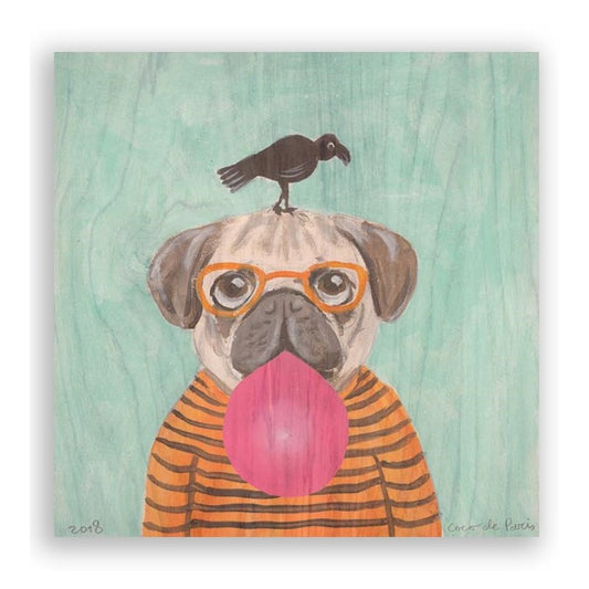 Picture of "Pug with Crow" Wood Block Art Print