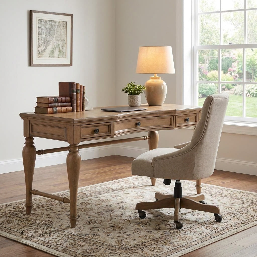 A cozy home office with a wooden desk, upholstered chair, and sunlit window.