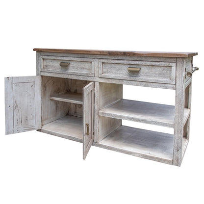 Rustic wooden sideboard with open and closed storage.